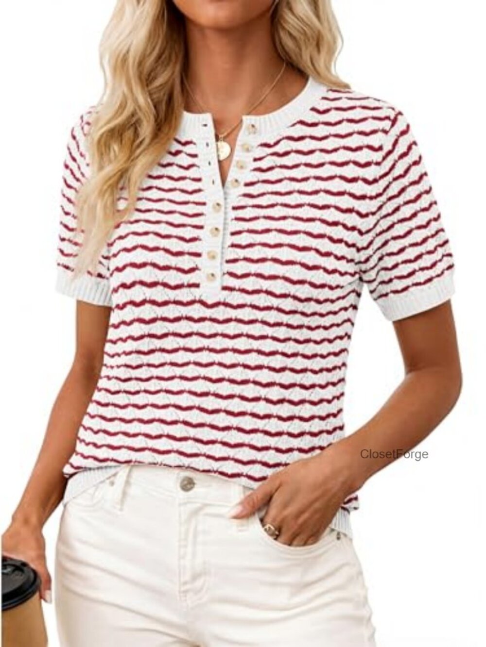 Knit Summer Top Henley Button Short Sleeve Crewneck Sweater